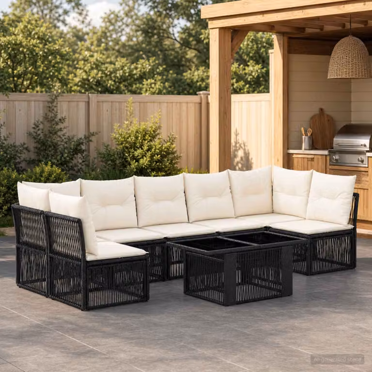 Set Divano da Giardino vidaXL 7 pz in Polyrattan Nero con Cuscini e Tavolino