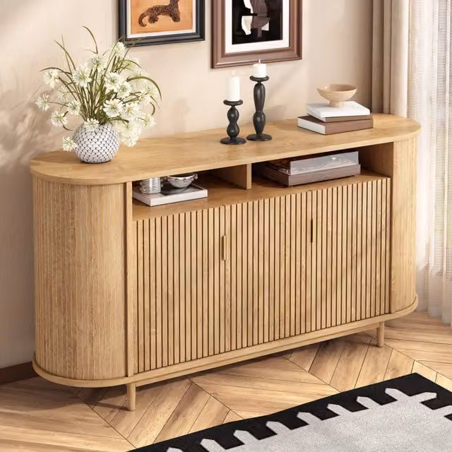 Madia Mivray a 3 ante con frontale a linee verticali in MDF e legno, colore beige e marrone, L: 140 cm, P: 40 cm, H: 78 cm