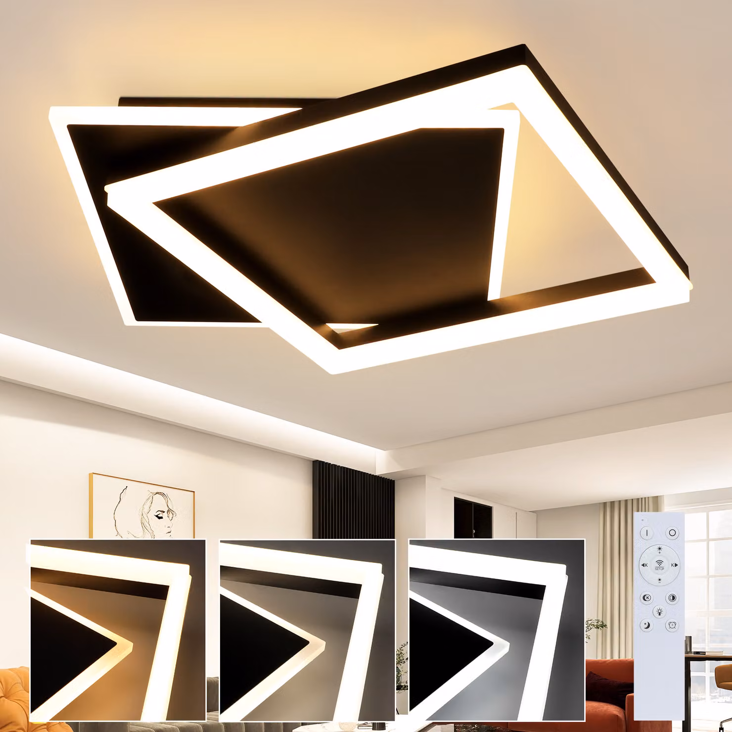ZMH LED Plafoniera Dimmerabile Lampada da soffitto nera Soggiorno con telecomando 42W Lampada quadrata per camera da letto Ufficio Cucina Sala da pranzo