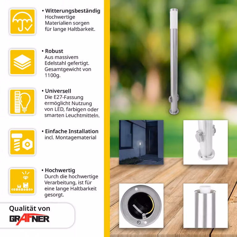 Grafner® Lampada da sentiero in acciaio inox con 2 prese da esterno Lampada da giardino 110 cm