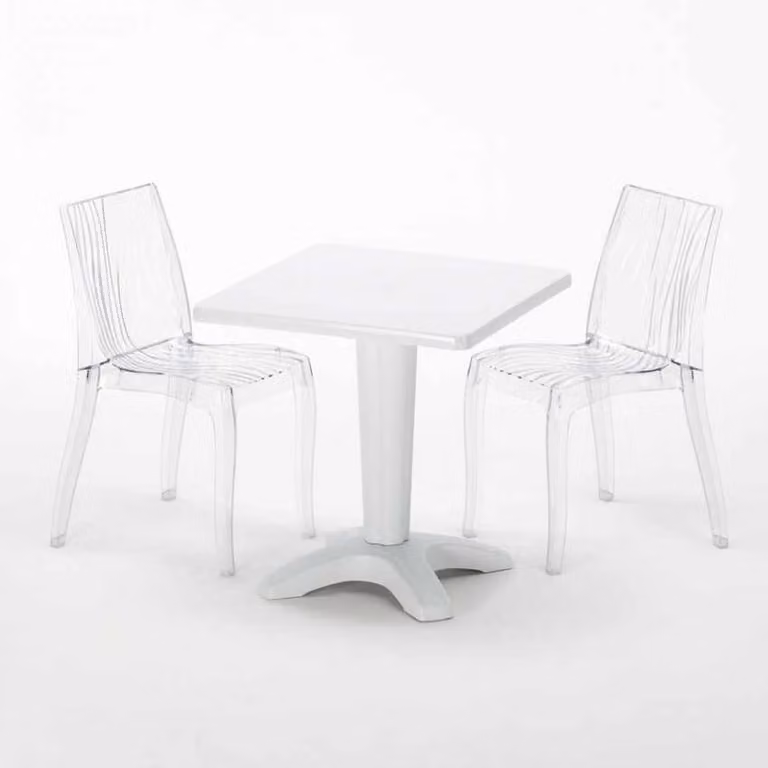 Tavolo quadrato bianco e 2 sedie Set di bastoni per interni in polipropilene colorato Terrazza Grand Soleil Dune - Trasparente