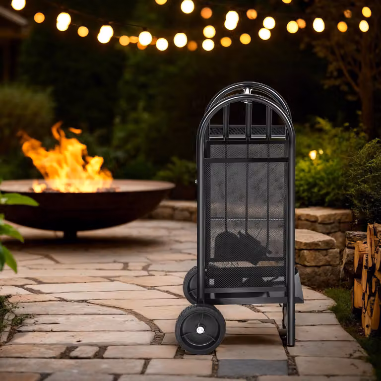 Carrello portalegna tectake nero con paletta, attizzatoio e scopa, H: 80,5 cm, L: 42,5 cm, P: 38 cm
