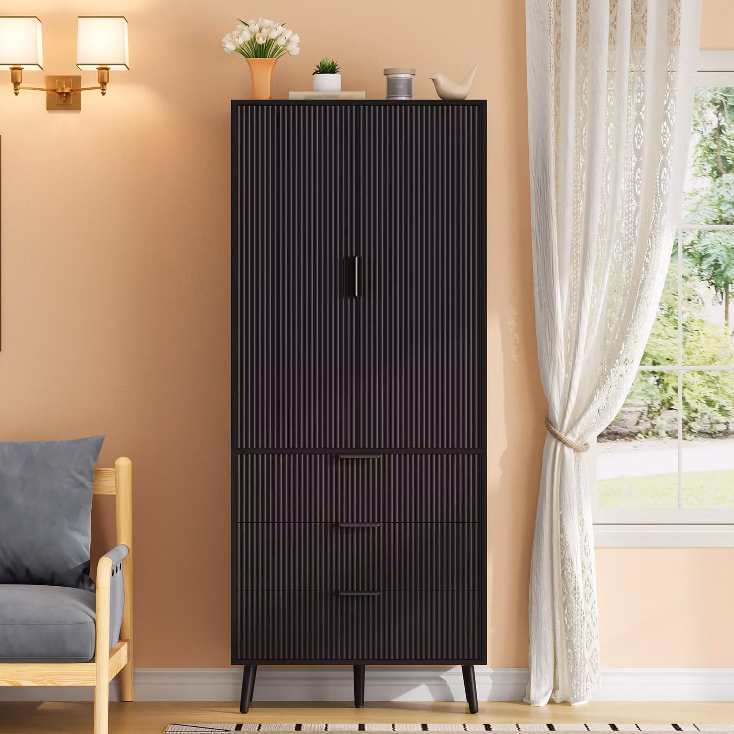 Mobiletto da cucina 75x35x180 cm, con 2 ante, 3 cassetti, mobiletto alto in MDF nero con ripiani interni, ideale per cucina e sala da pranzo