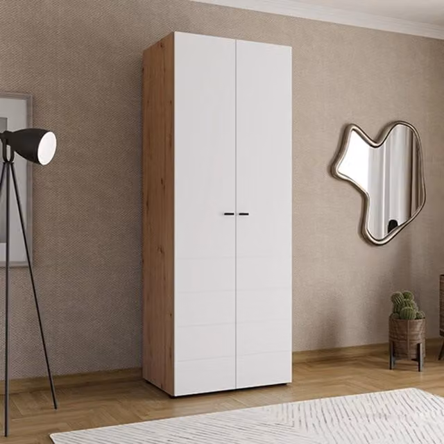 Armadio da camera da letto DMORA con 2 ante, appendiabiti e ripiani interni, Bianco Opaco, L: 79 cm, H: 208 cm