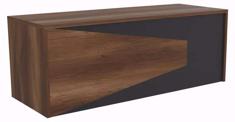 Scrivania da ufficio minimalista in stile moderno, marrone e nero, con struttura in legno