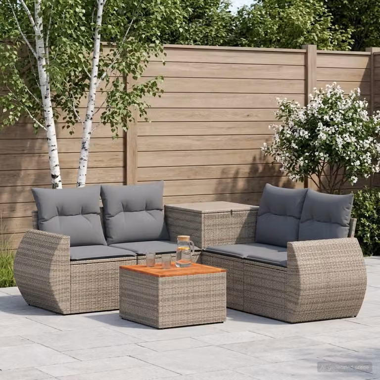 Set di divani da giardino vidaXL in polyrattan con tavolino e pouf, colore grigio e antracite