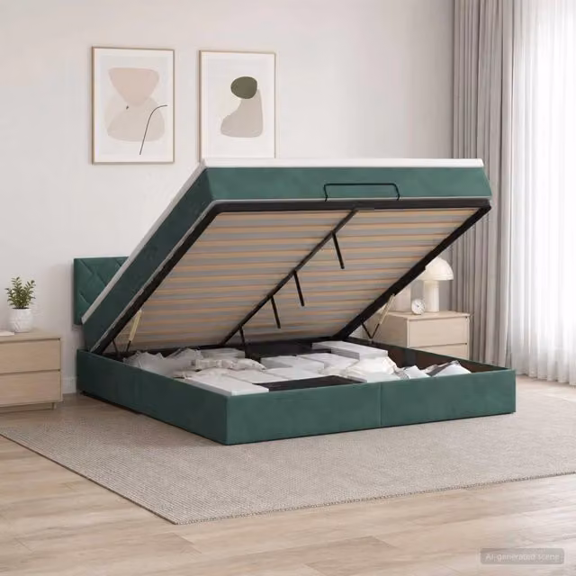 Letto ottomano moderno vidaXL in velluto verde e bianco con contenitore a sollevamento L: 180 x 200 cm, H: 88 cm, P: 203 cm – 1
