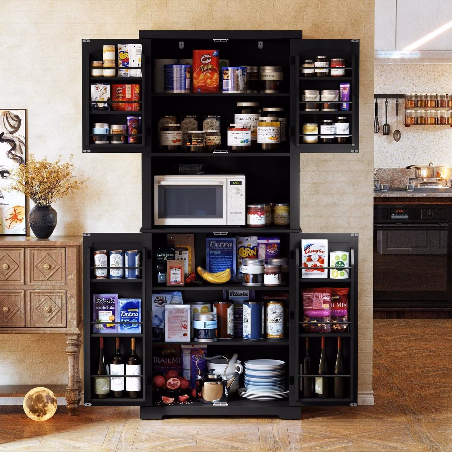 Mobile da cucina con piano di lavoro, mobile alto, credenza, mobile per la sala da pranzo, dispensa con ante e scaffali, colore nero