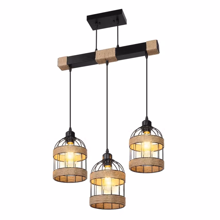Rosikey Lampada a sospensione in rattan a 3 luci Lampada da tavolo da pranzo - Lampadario vintage boho in metallo nero - E27 Lampada da tavolo da pranzo con paralume in tessuto Lampada a sospensione