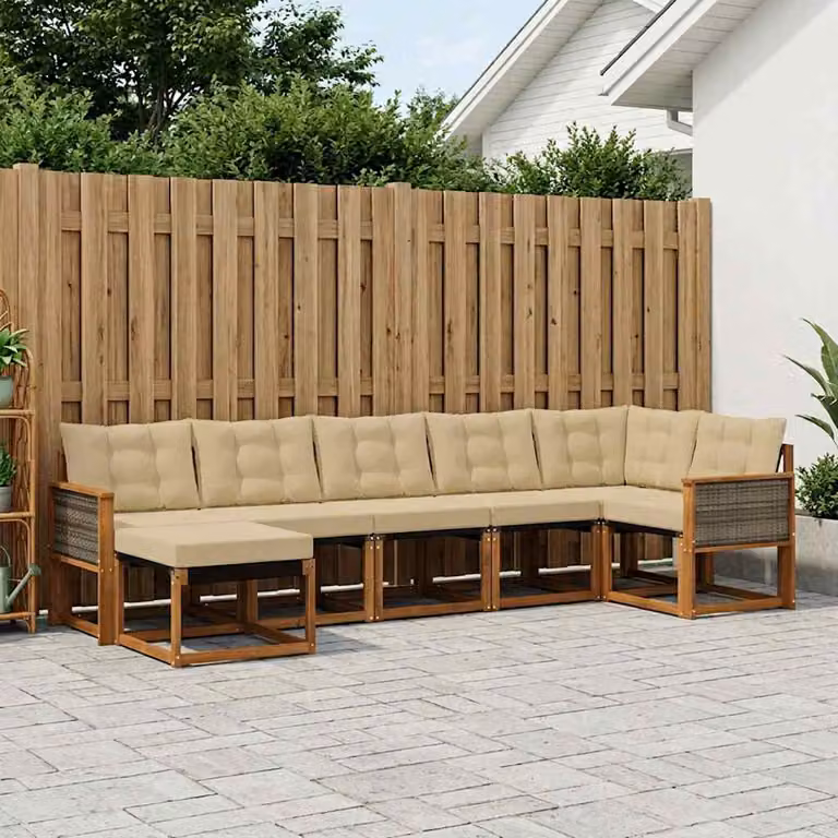vidaXL Set di divani da esterno a L composto da 7 pezzi in legno di acacia e tessuto beige e marrone con cuscini inclusi