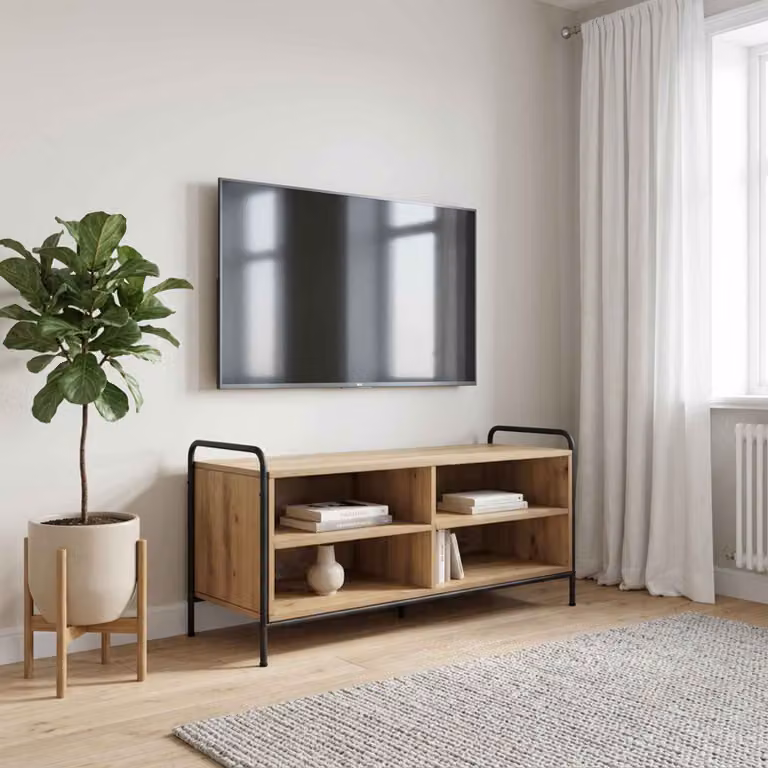 Mobile TV moderno vidaXL in rovere e metallo, colore marrone, L 140 x P 39,5 x H 50 cm