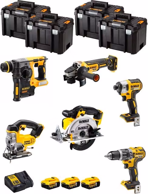 Kit DeWALT DWK600T con avvitatore, martello perforatore, smerigliatrice, avvitatore a impulsi, seghetto alternativo, troncatrice, 3 batterie da 5,0 Ah, caricabatterie e 4 contenitori TSTAK VI, Giallo