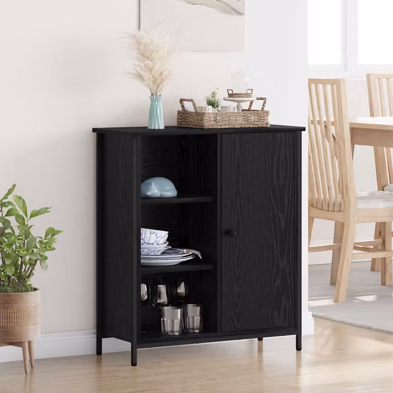 Credenza moderna vidaXL in legno ingegnerizzato e metallo, colore nero opaco, L: 70 cm, P: 30 cm, H: 80 cm