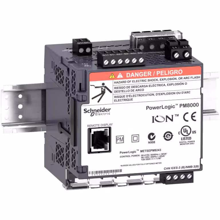 Analizzatore di rete Schneider Electric ION Classe S, PowerLogic PM8213, versione standard, montaggio su guida DIN senza display, 512 MB, 256 campioni/periodo, DC METSEPM8213