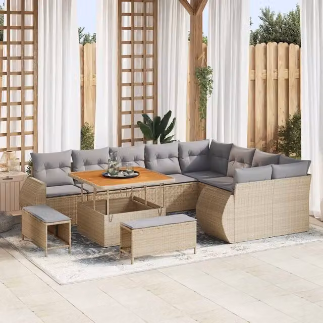 Set Divano da Giardino Moderno vidaXL in Acciaio e Rattan con Cuscini Beige e Grigio, 12 Pezzi con Tavolino e Ottoman