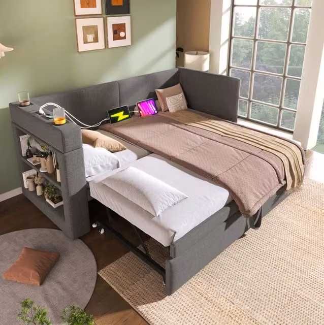 Divano letto ULEVR 90x200 cm con letto estraibile, USB, Type-C e portabicchieri, grigio