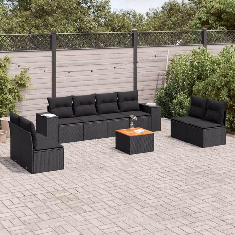 vidaXL Set Divani da Giardino 9 pz in Polyrattan Nero con Cuscini e Tavolino per Terrazza e Giardino