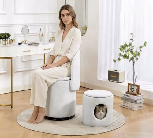 Sedia Girevole Imbottita con Contenitore MINIMAL in Velluto Bianco Multifunzionale