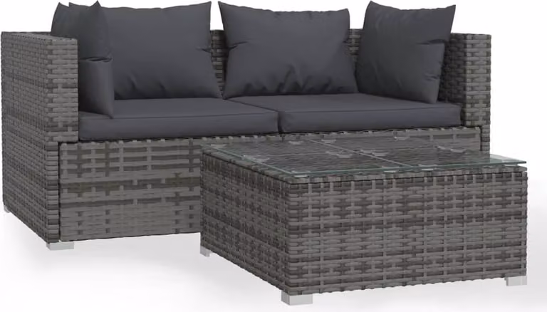 Set Divani da Giardino 3 pz con Cuscini in Polyrattan Grigio