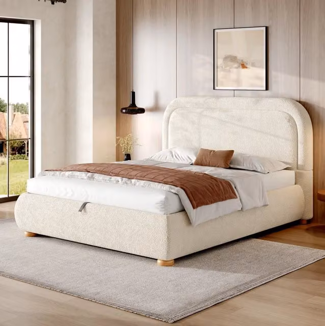 Letto matrimoniale imbottito 140x200 cm con contenitore idraulico, rete a doghe e testiera in tessuto bouclé beige