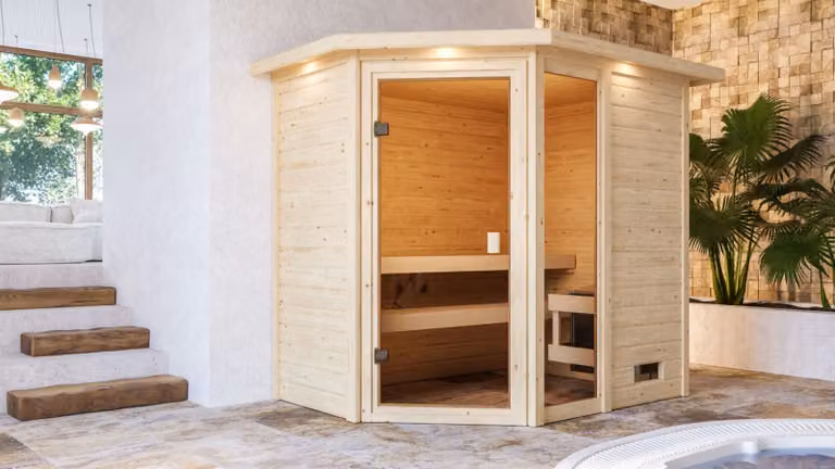 Sauna Woodfeeling Jada (ingresso ad angolo), porta tutto vetro, colore bronzo, riscaldatore 9 kW centralina integrata