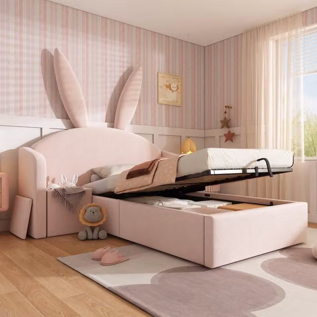 Letto per bambini 90x200 cm, letto idraulico con contenitore, testiera imbottita, forma a orecchie di coniglio, tessuto in velluto, rosa