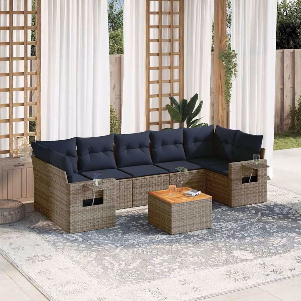 Set Divani da Giardino vidaXL 8 Pezzi in Polyrattan con Cuscini e Tavolino da Caffè, Design Moderno a L, Grigio e Blu