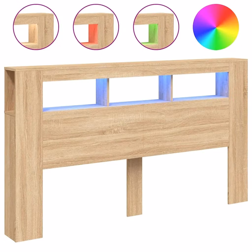 Testiera con LED vidaXL in legno Rovere Sonoma marrone con mensola e porta USB, L 180 x P 18,5 x H 103,5 cm – 2