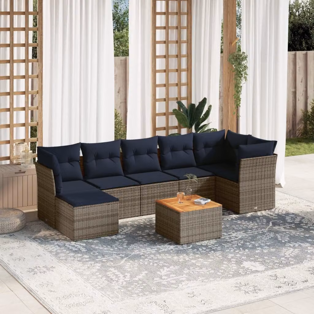 Set di divani da giardino vidaXL in polyrattan grigio con cuscini e tavolino da esterno 8 pezzi