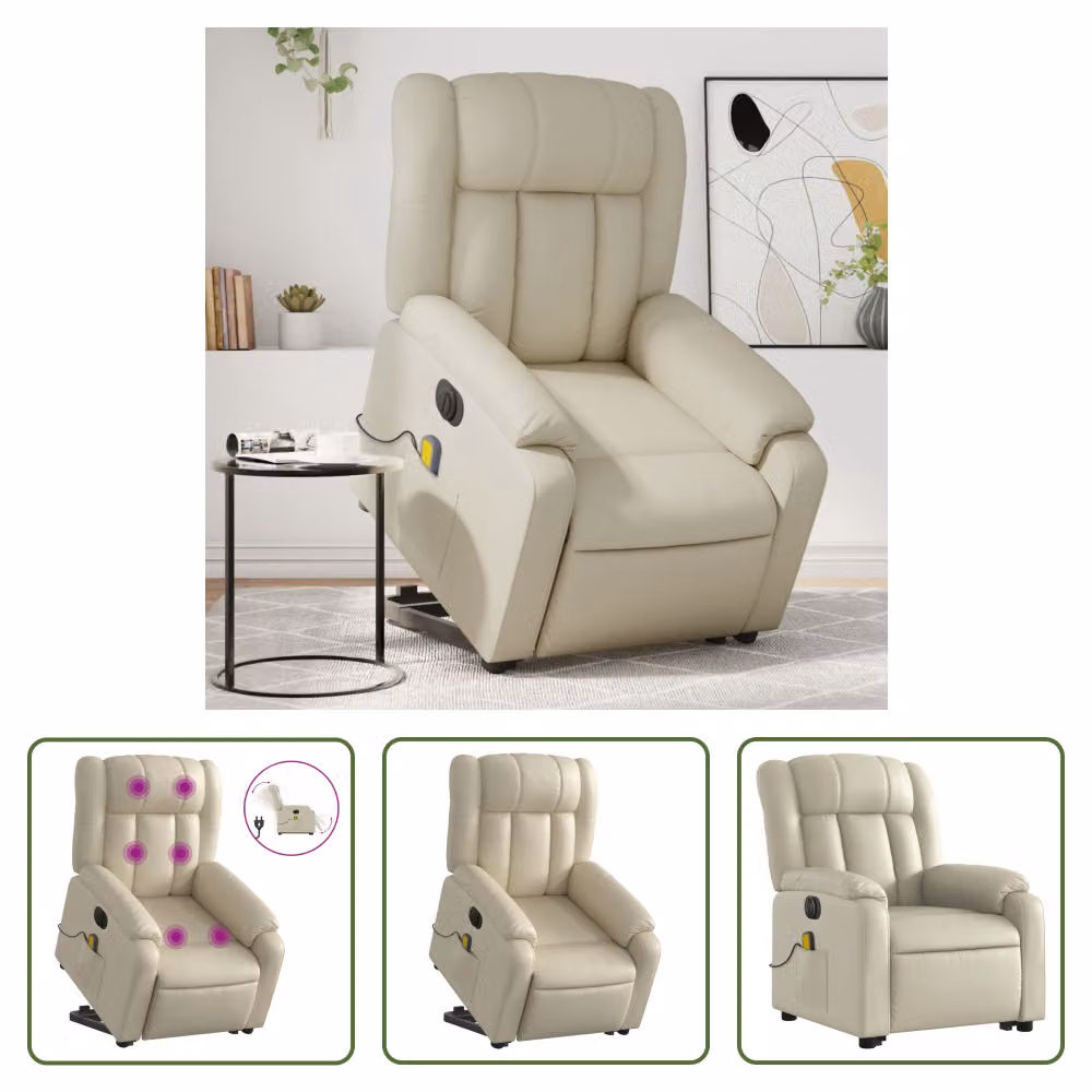 The Living Store Poltrona massaggiante con ausilio elettrico in ecopelle crema