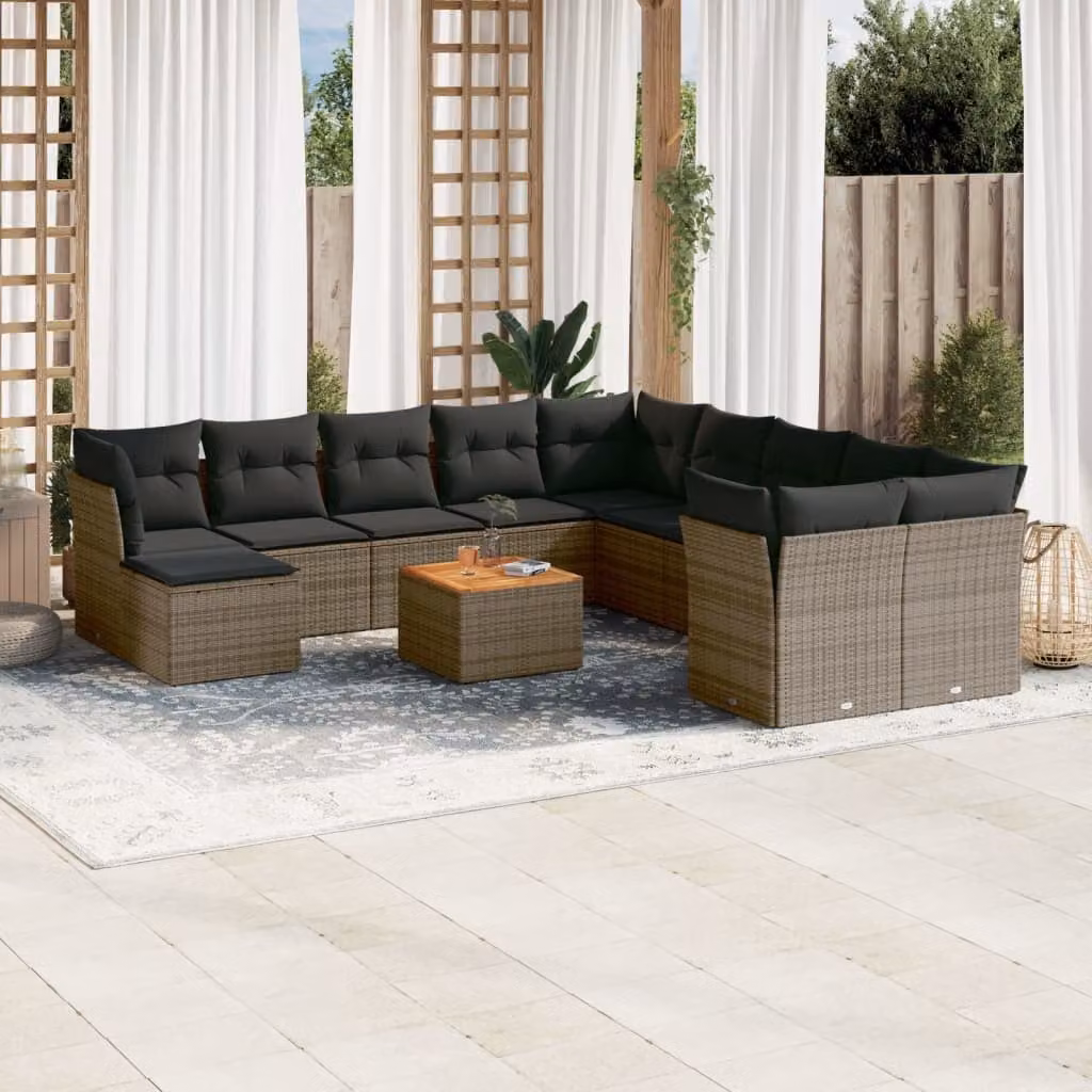 Set di divani da giardino vidaXL in polyrattan grigio con cuscini, tavolino e pouf a forma di L – 1