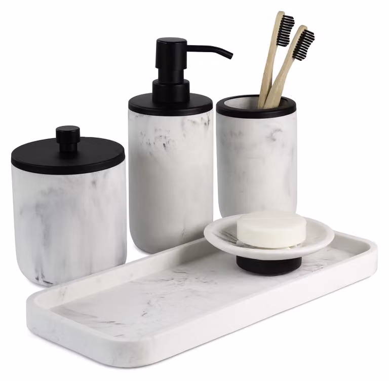 Set di accessori per il bagno, aspetto marmorizzato, nero opaco, composto da 5 pezzi