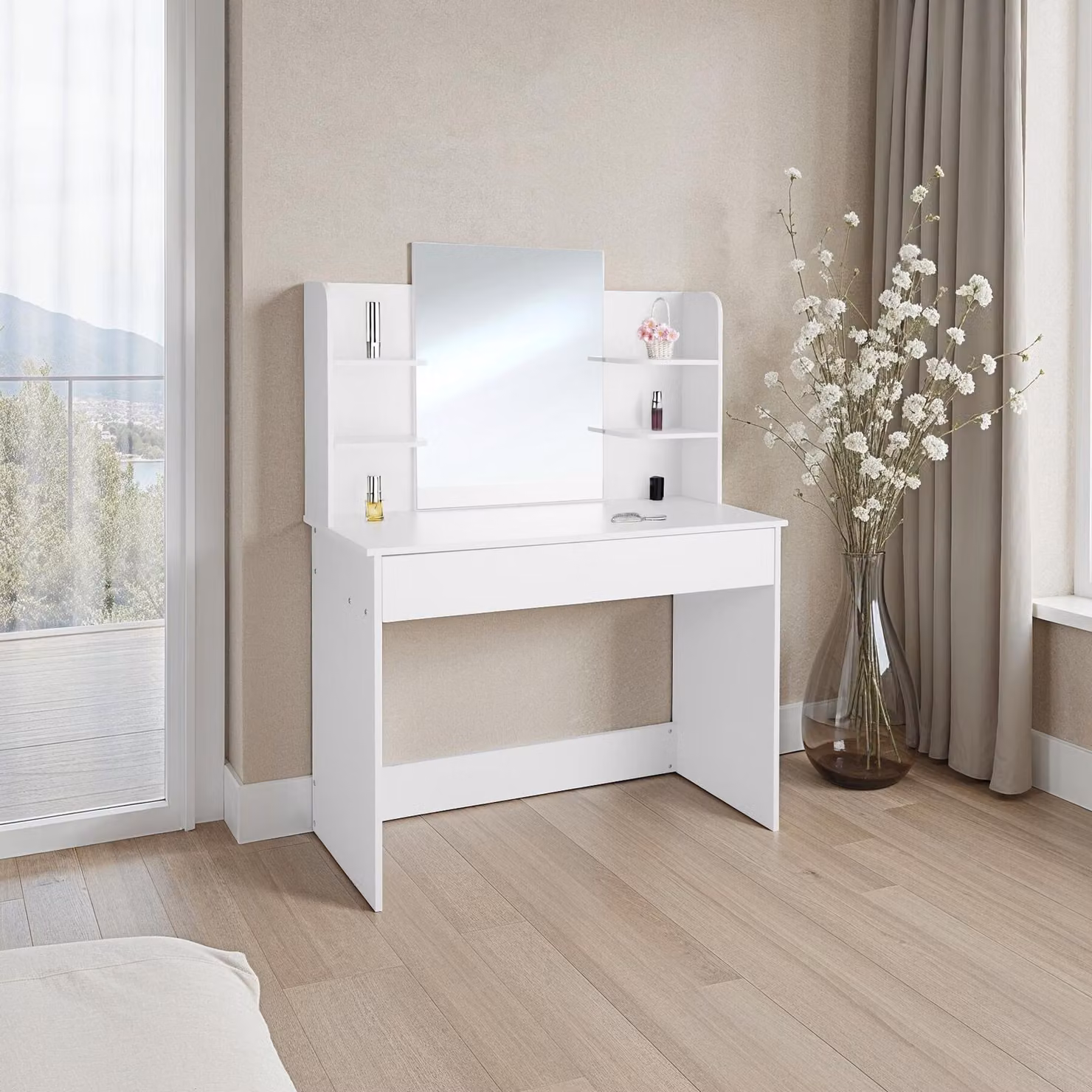 Tavolino da trucco Camille TecTake bianco moderno in MDF e vetro – 2