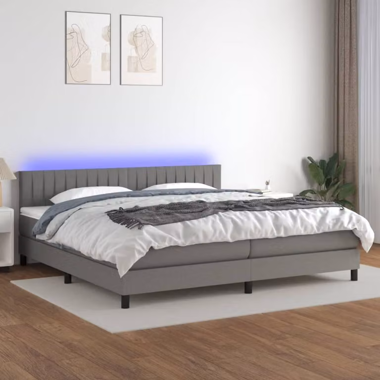 The Living Store Letto a molle con materasso e LED in tessuto grigio scuro 200x200 cm