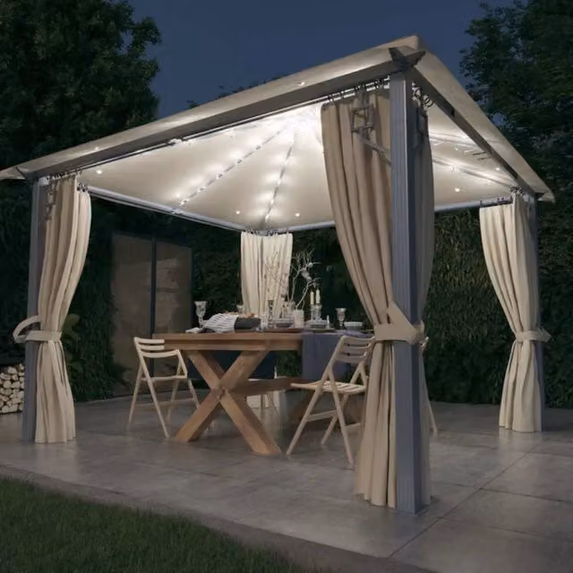 Gazebo con Tende Stringa di Luci LED 300x300 cm Crema Alluminio 3070332
