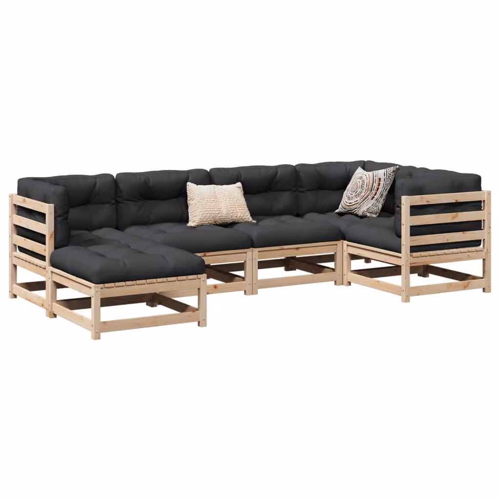 Set di divani da giardino vidaXL in legno di pino con cuscini, composizione a L da 6 pezzi, colori marrone e grigio