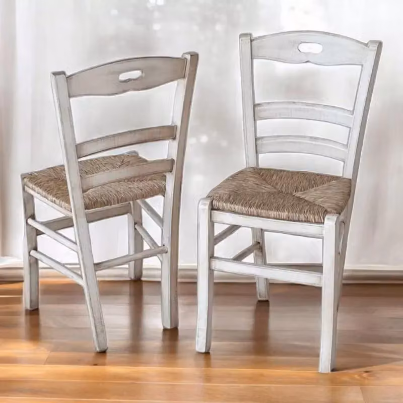 Set di 2 sedie in legno di faggio stile shabby chic bianco consumato con seduta in paglia Mobili 2G L/P/H: 43 x 46 x 89 cm – 2