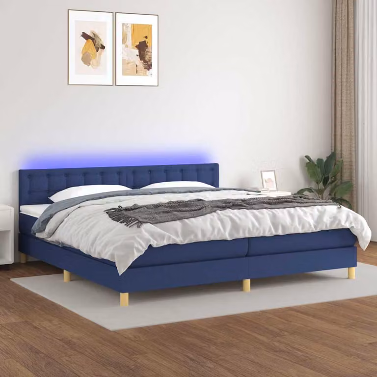 Letto a molle con materasso vidaXL in tessuto blu e bianco con illuminazione LED sottostante e porta USB, L/P/H: 200 x 200 x 88 cm