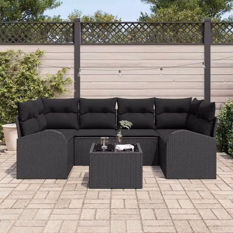 Set Divano da Giardino vidaXL 7 Pezzi in Polyrattan Nero con Tavolino e Cuscini Imbottiti
