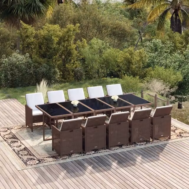 Set da pranzo da giardino moderno vidaXL in polyrattan marrone e bianco con tavolo in vetro, 11 pezzi