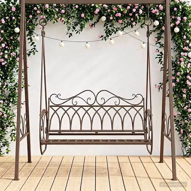 Panchina a dondolo moderna vidaXL in metallo marrone antico per giardino e terrazzo L/P/H: 112 x 60 x 126,5 cm – 1