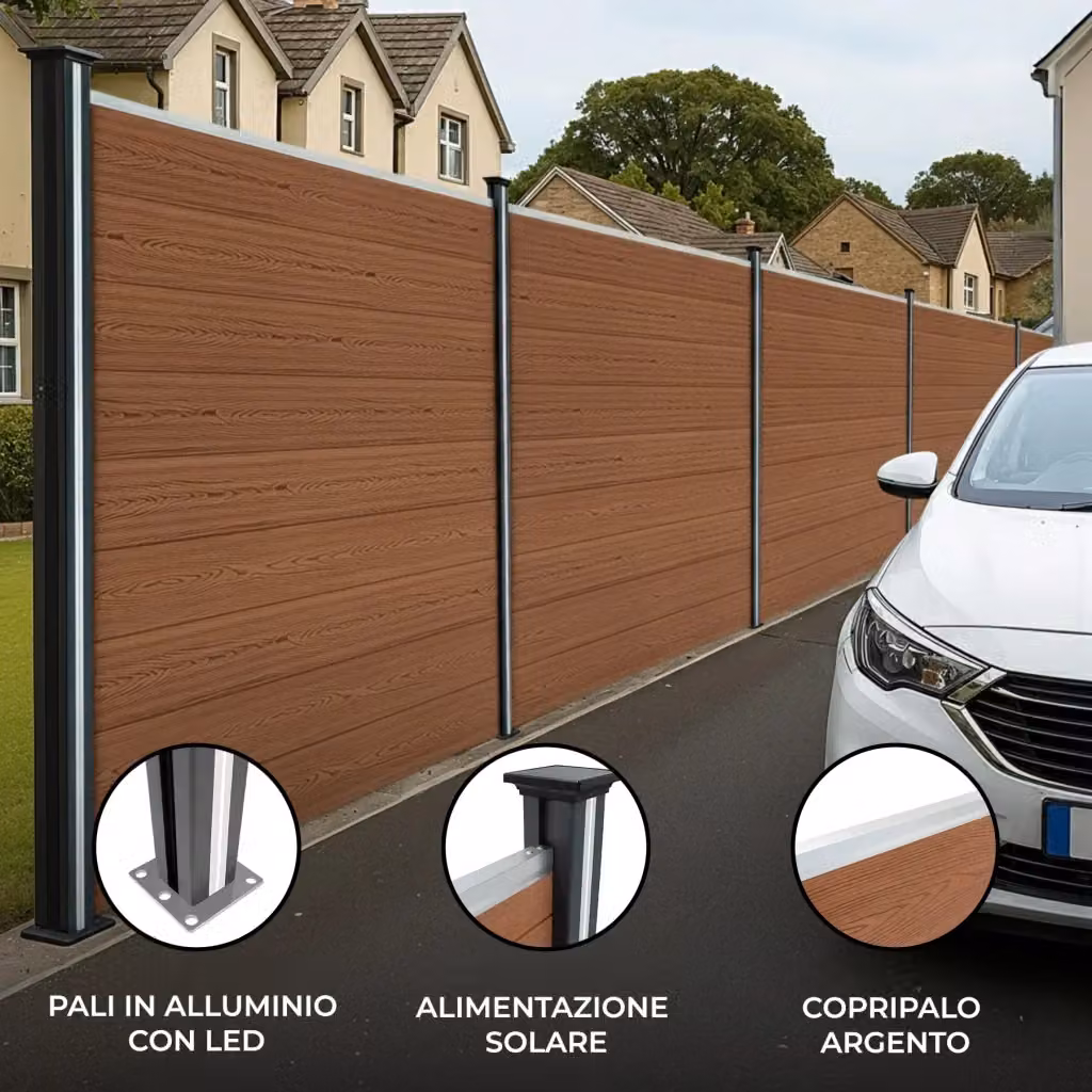 Set di 4 Pannelli per Recinzione in Alluminio e Doghe PVC con 5 Pali LED Marrone Altezza: 185 cm – 2