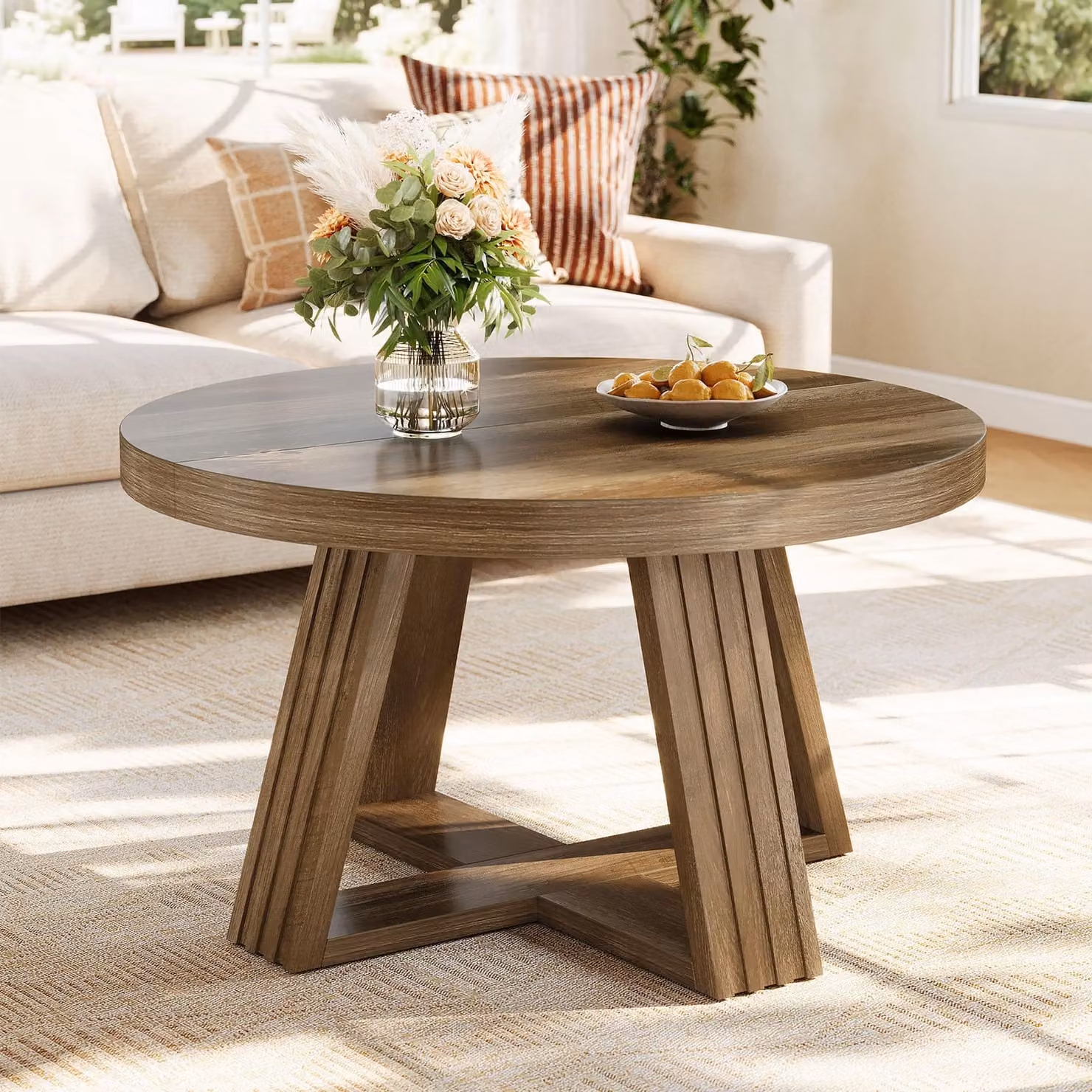 Tribesigns, tavolino da divano rotondo, diametro 80 cm, stile rustico, piano in legno massello e struttura in legno rinforzata a forma di croce, ideale per il soggiorno