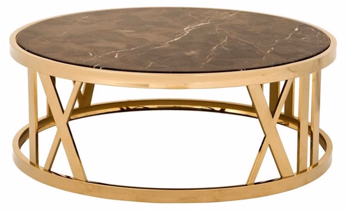 Tavolino da caffè in stile Art Déco "Casa Padrino", forma rotonda, finitura dorata con piano in marmo - diametro 100 cm, altezza 37 cm