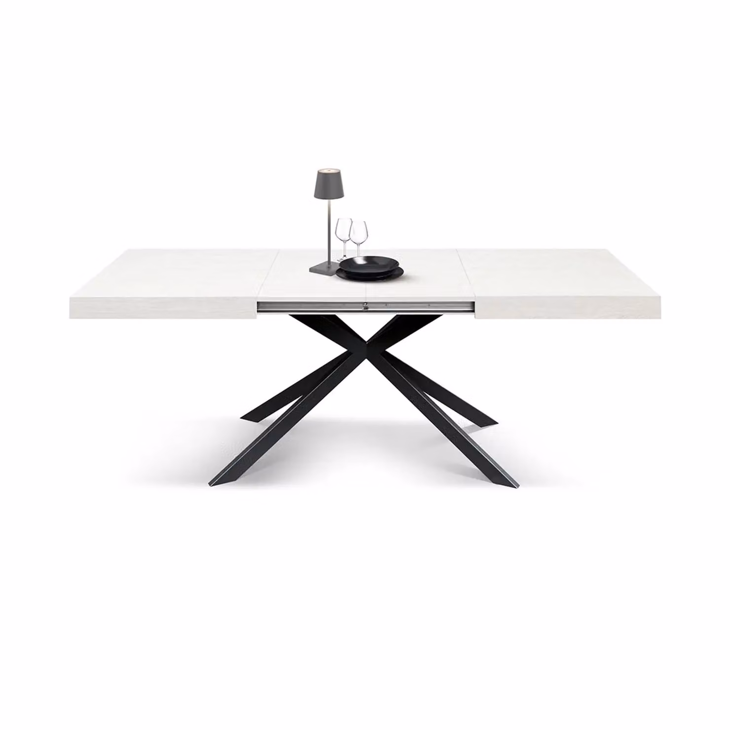 Tavolo CAMAIORE in legno, finitura bianco frassinato e base a X in metallo antracite, allungabile 180×90 cm - 260×90 cm