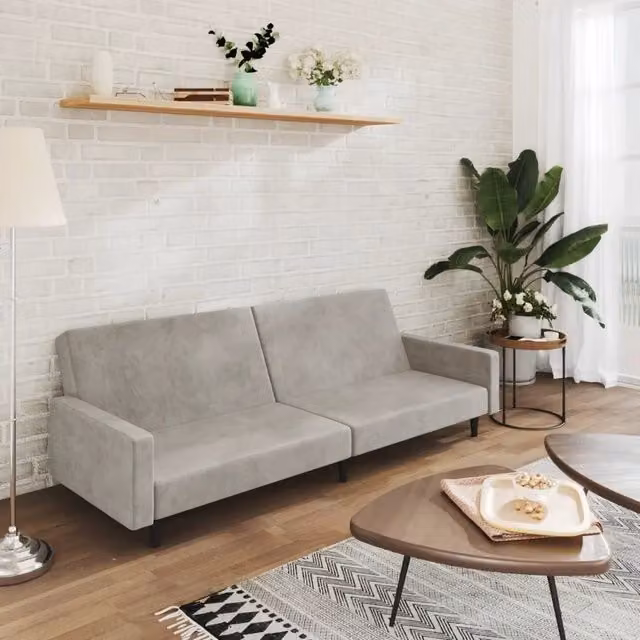 Divano Letto Click-Clack vidaXL in Velluto Grigio con Struttura in Legno Solido e Poggiatesta Regolabile L: 220 cm, P: 84,5 cm, H: 69 cm – 1