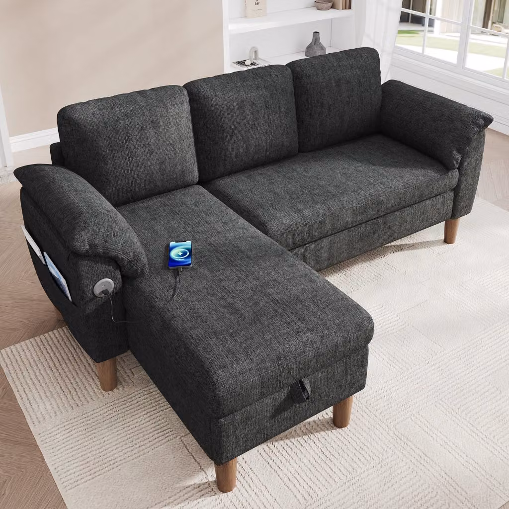 Divano angolare Mivray a 3 posti con chaise longue reversibile in tessuto grigio, vano contenitore e ricarica USB, L/P/H: 181 x 88 x 125 cm – 2