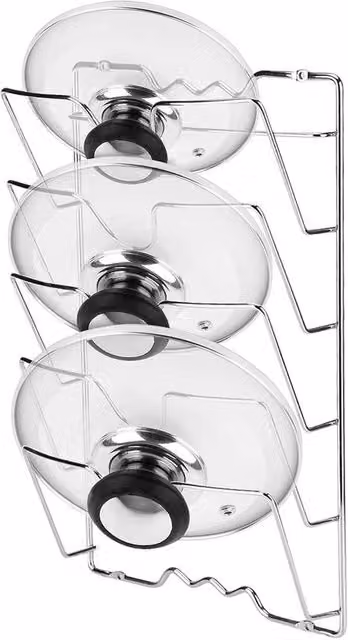 Accessorio pratico per coperchi di pentola – Organizzatore per coperchi da appendere alla parete per un massimo di 5 coperchi – Superficie cromata – Organizzatore di cucina utile
