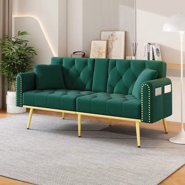 Divano letto REDOM in velluto verde con dettagli oro e schienale regolabile L: 175 cm, P: 80 cm, H: 73,5 cm