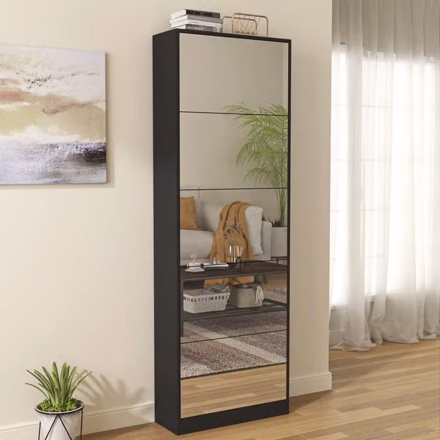 Scarpiera 5 vani ribaltabili con specchio per 30 paia in MDF nera
